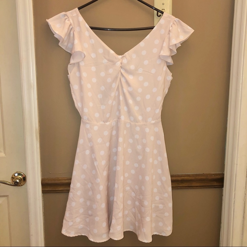 GB Gianni Bini‎ Ruffle Flutter Sleeve Tie Polka Dot Mini Dress Pink White Medium - Picture 3 of 6